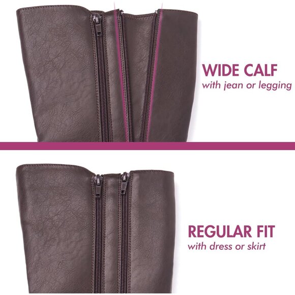 Hawkwell Women's Brown Wide Calf Knee High Double Zipper Synthetic Riding Boots - Picture 2 of 6